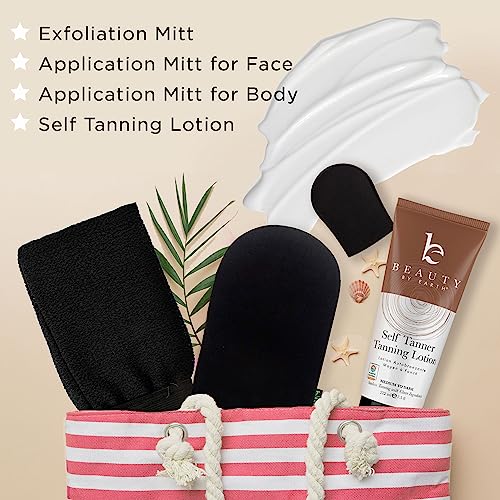 Self Tanner & Tanning Mitt Set - With Natural Tanning Lotion, Exfoliating Gloves, Self Tanner Mitt for Body and Face Tanner Tanning Mit, Best Self Tanning Lotion Kit for Your Self Tan and Fake Tan