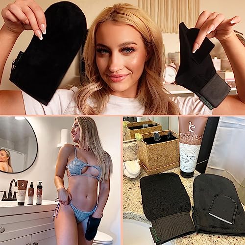 Self Tanner & Tanning Mitt Set - With Natural Tanning Lotion, Exfoliating Gloves, Self Tanner Mitt for Body and Face Tanner Tanning Mit, Best Self Tanning Lotion Kit for Your Self Tan and Fake Tan