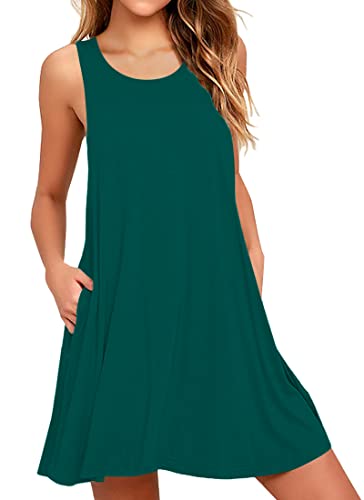 AUSELILY Women's Solid Plain Sleeveless Pockets Casual Swing T-Shirt Dresses Dark Teal Hunter Green (M,Dark Green)