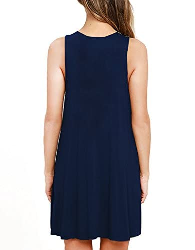 AUSELILY Women's Solid Plain Sleeveless Pocket Casual Loose T-Shirt Dress Tank Sundress Indigo (L,Navy Blue)
