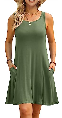 AUSELILY Women's Solid Plain Sleeveless Pockets Casual Swing T-Shirt Dresses Olive (L,Army Green)