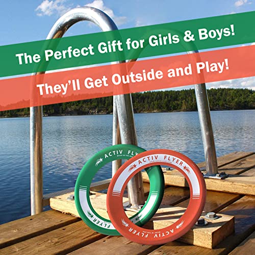 Activ Life Best Kids Ring Flyers [Green/Orange] Play Ultimate Toss Games with Friends and Family Outdoors - Indoor Gym Flying Disc Toys for Top Frisby Golf - Sports Juguetes para NiÃ±os Frisbie