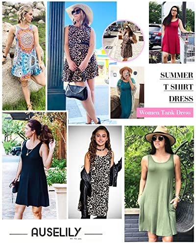 AUSELILY Women's Solid Plain Sleeveless Pockets Casual Swing T-Shirt Dresses Olive (L,Army Green)