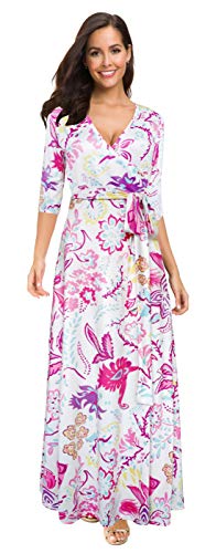 Afibi Womens Bohemian 3/4 Sleeve Faux Wrap Maxi Dress with Belt (X-Large, Design 5)