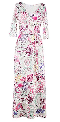 Afibi Womens Bohemian 3/4 Sleeve Faux Wrap Maxi Dress with Belt (X-Large, Design 5)