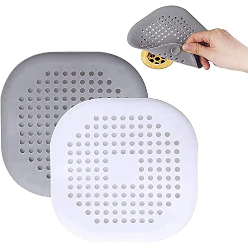 Hearth & Garden SF40221 Patio 2 PCS Drain Hair Catcher, Square Drain Cover, Shower/Bathtub Drain Cover, Silicone Hair Stopper with Suction Cup, Drain Strainers for Tub,Kitchen,Bathroom 5.5 Inch TPR Material Gray & White