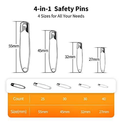 Officepal Premium Quality 4-Size 27mm 32mm 45mm 55mm Safety Pins- Top 125-Count â Durable, Rust-Resistant Nickel Plated Steel Set- Best Sewing Accessories Kit for Baby Clothing (4-Size in 1 No.004)