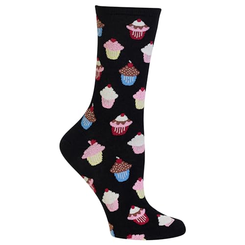 Hot Sox Women's Food Drink and Alcohol Novelty Fashion Casual Crew Socks, Cupcakes (Black), Shoe Size: 4-10