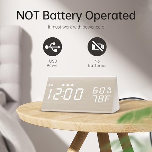 Digital Alarm Clock, with Wooden Electronic LED Time Display, 3 Alarm Settings, Humidity & Temperature Detect, Wood Made Electric Clocks for Bedroom, Bedside (White)