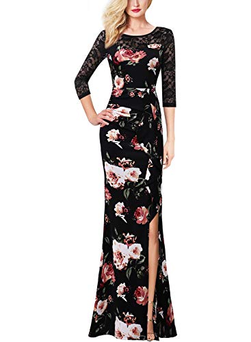 Vfshow Womens Black Lace Mulit Floral Print Patchwork Ruched Ruffles High Split Dressy Casual Evening Party Maxi Long Dress 3725 BLK XXL