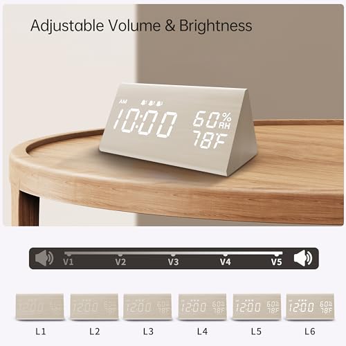 Digital Alarm Clock, with Wooden Electronic LED Time Display, 3 Alarm Settings, Humidity & Temperature Detect, Wood Made Electric Clocks for Bedroom, Bedside (White)