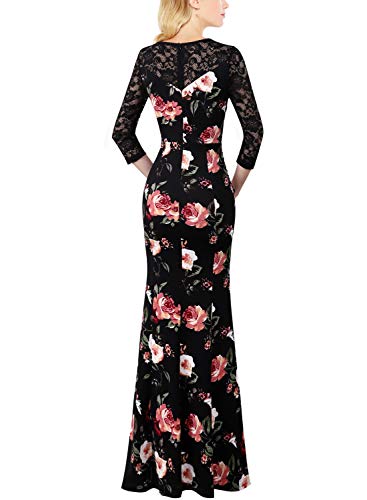 Vfshow Womens Black Lace Mulit Floral Print Patchwork Ruched Ruffles High Split Dressy Casual Evening Party Maxi Long Dress 3725 BLK XXL
