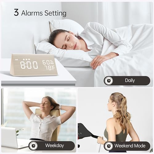 Digital Alarm Clock, with Wooden Electronic LED Time Display, 3 Alarm Settings, Humidity & Temperature Detect, Wood Made Electric Clocks for Bedroom, Bedside (White)