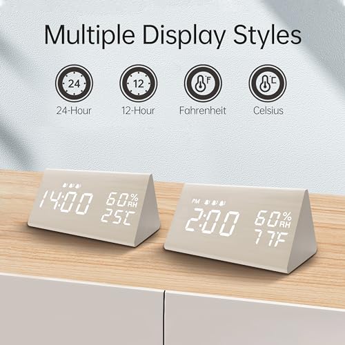 Digital Alarm Clock, with Wooden Electronic LED Time Display, 3 Alarm Settings, Humidity & Temperature Detect, Wood Made Electric Clocks for Bedroom, Bedside (White)