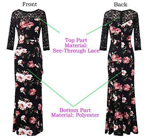 Vfshow Womens Black Lace Mulit Floral Print Patchwork Ruched Ruffles High Split Dressy Casual Evening Party Maxi Long Dress 3725 BLK XXL