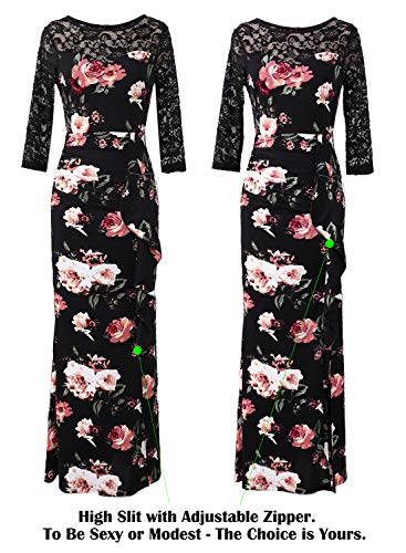Vfshow Womens Black Lace Mulit Floral Print Patchwork Ruched Ruffles High Split Dressy Casual Evening Party Maxi Long Dress 3725 BLK XXL