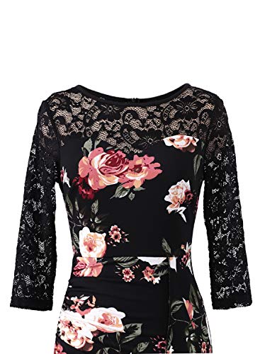 Vfshow Womens Black Lace Mulit Floral Print Patchwork Ruched Ruffles High Split Dressy Casual Evening Party Maxi Long Dress 3725 BLK XXL