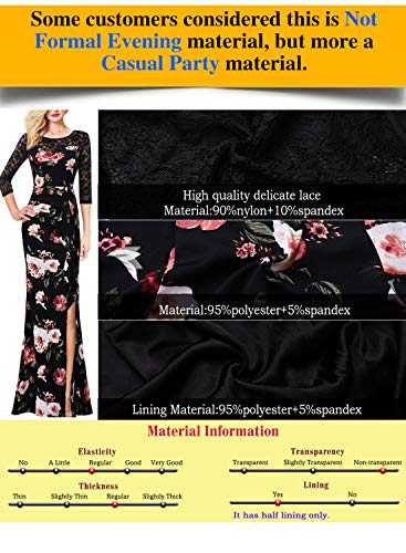 Vfshow Womens Black Lace Mulit Floral Print Patchwork Ruched Ruffles High Split Dressy Casual Evening Party Maxi Long Dress 3725 BLK XXL