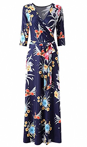 Afibi Womens Bohemian 3/4 Sleeve Faux Wrap Maxi Dress with Belt (Large, Design 1)