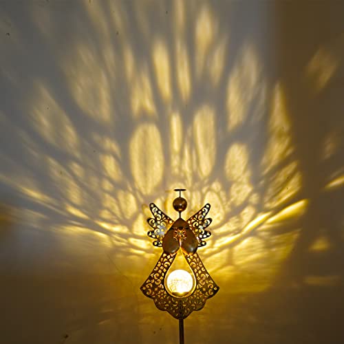 SFgift Solar Garden Stake Lights Outdoor Bronze Angel Crackle Glass Globe Stake Metal Lights Waterproof Warm White LED for Garden Lawn Patio or Courtyard
