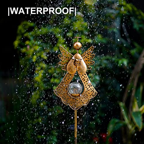 SFgift Solar Garden Stake Lights Outdoor Bronze Angel Crackle Glass Globe Stake Metal Lights Waterproof Warm White LED for Garden Lawn Patio or Courtyard