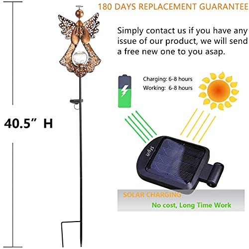 SFgift Solar Garden Stake Lights Outdoor Bronze Angel Crackle Glass Globe Stake Metal Lights Waterproof Warm White LED for Garden Lawn Patio or Courtyard