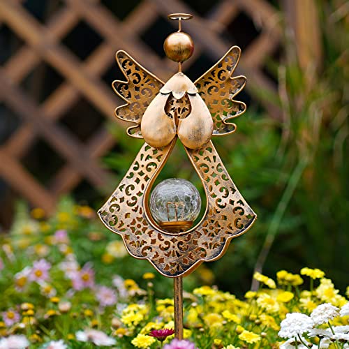 SFgift Solar Garden Stake Lights Outdoor Bronze Angel Crackle Glass Globe Stake Metal Lights Waterproof Warm White LED for Garden Lawn Patio or Courtyard