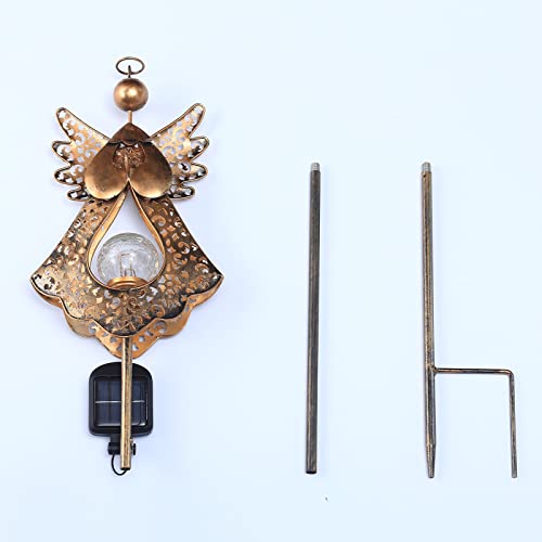 SFgift Solar Garden Stake Lights Outdoor Bronze Angel Crackle Glass Globe Stake Metal Lights Waterproof Warm White LED for Garden Lawn Patio or Courtyard