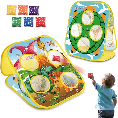 RaboSky Bean Bag Toss Game Toy for Toddlers 2 3 4 5, Double Sided Kids Cornhole Board, Dinosaur & Turtle Themes, 6 Colorful Beanbags, Collapsible Outdoor Games for Kids, Best Gift for Kids and Family