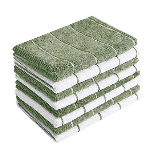 Microfiber Kitchen Towels - Super Absorbent, Soft and Solid Color Dish Towels, 8 Pack (Stripe Designed Olive and White Colors), 26 x 18 Inch