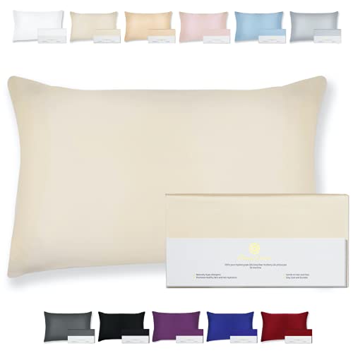BEAUTY OF ORIENT - 100% Pure Mulberry Silk Pillowcase for Hair and Skin, 19 Momme Both Sides, Hidden Zipper, Natural Hypoallergenic Silk Pillow Case - Best Sleep (1pc Queen - 20" x 30", Vanilla Ice)