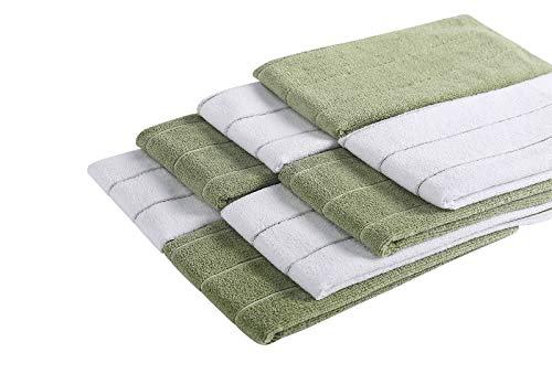 Microfiber Kitchen Towels - Super Absorbent, Soft and Solid Color Dish Towels, 8 Pack (Stripe Designed Olive and White Colors), 26 x 18 Inch