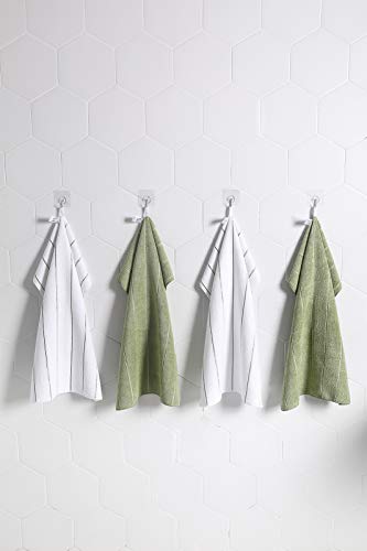 Microfiber Kitchen Towels - Super Absorbent, Soft and Solid Color Dish Towels, 8 Pack (Stripe Designed Olive and White Colors), 26 x 18 Inch