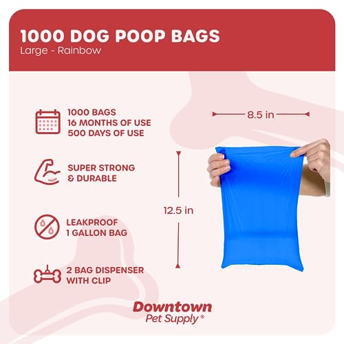 Downtown Pet Supply Dog Pet Waste Poop Bags with 2 Leash Clips and Dispensers (1000 Bags, Rainbow of Colors)