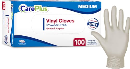 [200 Count] Care Plus Disposable Plastic Vinyl Clear Medium Gloves, Allergy, Latex And Powder Free, Great For Home Kitchen Or Office Cleaning, Cooking, 2 Boxes