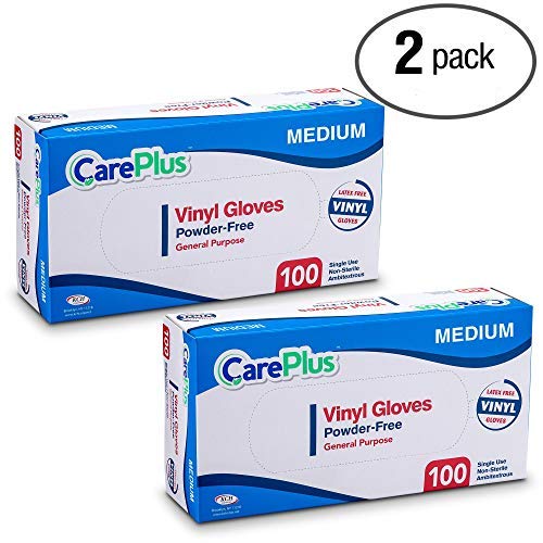 [200 Count] Care Plus Disposable Plastic Vinyl Clear Medium Gloves, Allergy, Latex And Powder Free, Great For Home Kitchen Or Office Cleaning, Cooking, 2 Boxes