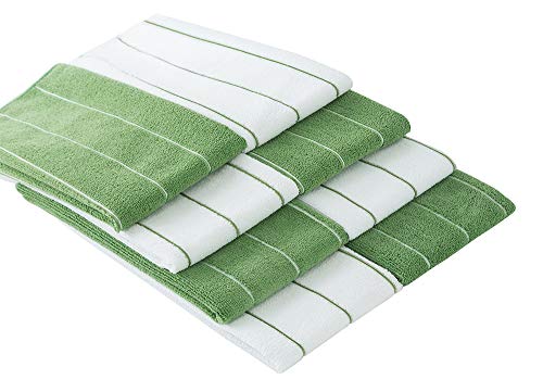Microfiber Kitchen Towels - Super Absorbent, Soft and Solid Color Dish Towels, 8 Pack (Stripe Designed Green and White Colors), 26 x 18 Inch (Green)