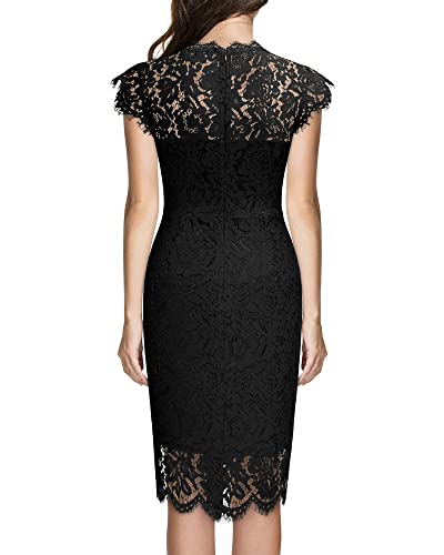 Miusol Women's Retro Floral Lace Slim Evening Cocktail Mini Dress (Medium, Black)