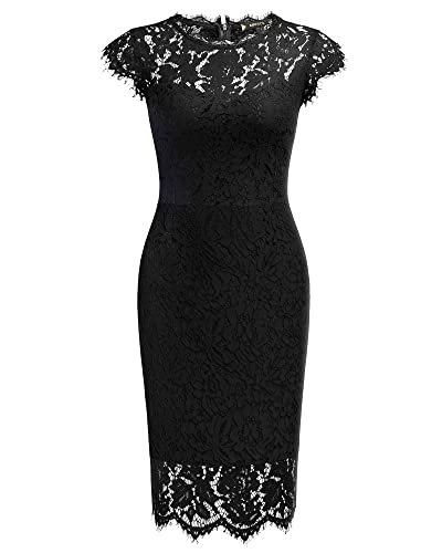 Miusol Women's Retro Floral Lace Slim Evening Cocktail Mini Dress (Medium, Black)