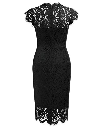 Miusol Women's Retro Floral Lace Slim Evening Cocktail Mini Dress (Medium, Black)