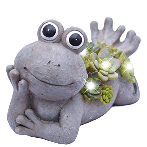 TERESA'S COLLECTIONS 7.3X4.5 Inch Garden Frog Statues, Solar Powered Garden Lights for Outdoor Fall Patio Lawn Yard Decorations