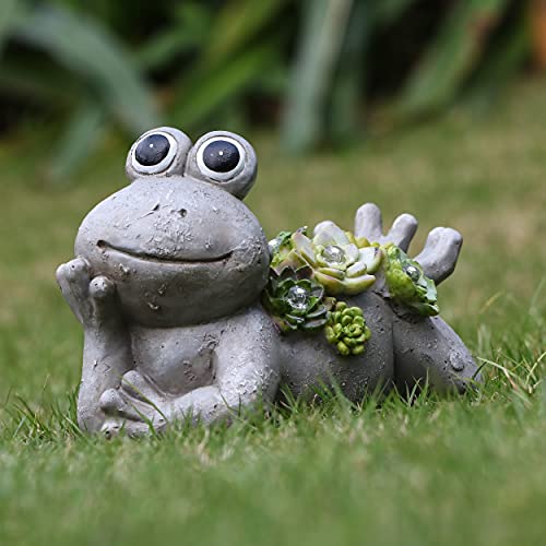 TERESA'S COLLECTIONS 7.3X4.5 Inch Garden Frog Statues, Solar Powered Garden Lights for Outdoor Fall Patio Lawn Yard Decorations