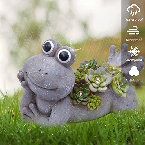 TERESA'S COLLECTIONS 7.3X4.5 Inch Garden Frog Statues, Solar Powered Garden Lights for Outdoor Fall Patio Lawn Yard Decorations