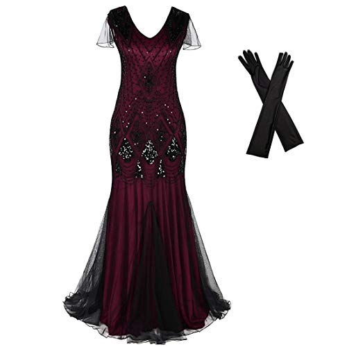 Women Evening Dress 1920s Flapper Cocktail Mermaid Plus Size Formal Gown with Long Gloves(XXL/US 18-20, Burgundy Black)