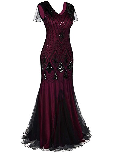 Women Evening Dress 1920s Flapper Cocktail Mermaid Plus Size Formal Gown with Long Gloves(XXL/US 18-20, Burgundy Black)