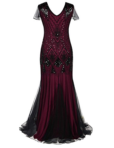 Women Evening Dress 1920s Flapper Cocktail Mermaid Plus Size Formal Gown with Long Gloves(XXL/US 18-20, Burgundy Black)