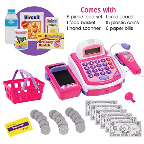 Prextex Pretend Play Electronic Toy Cash Register STEM Toy with Mic Speaker and Play Money Included for Kids