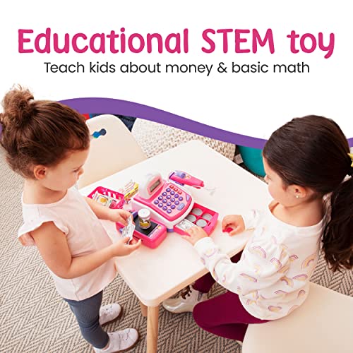 Prextex Pretend Play Electronic Toy Cash Register STEM Toy with Mic Speaker and Play Money Included for Kids
