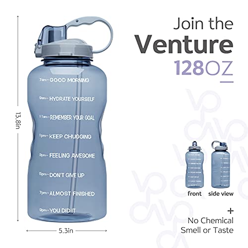 Venture Pal Large 1 Gallon/128 OZ (When Full) Motivational BPA Free Leakproof Water Bottle with Straw & Time Marker Perfect for Fitness Gym Camping Outdoor Sports-Gray