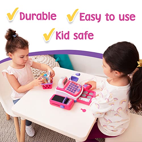 Prextex Pretend Play Electronic Toy Cash Register STEM Toy with Mic Speaker and Play Money Included for Kids